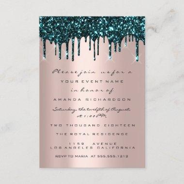 Rose Glitter Drips Teal Bridal Shower Sweet 16th Invitations