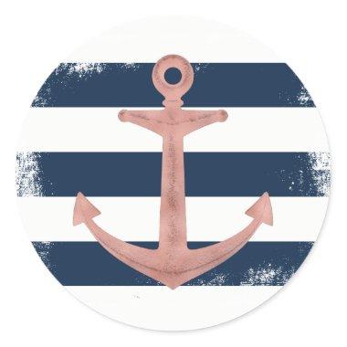 Rose Gold Anchor Nautical Navy Stripes Classic Round Sticker