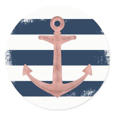 Rose Gold Anchor Nautical Navy Stripes Classic Round Sticker