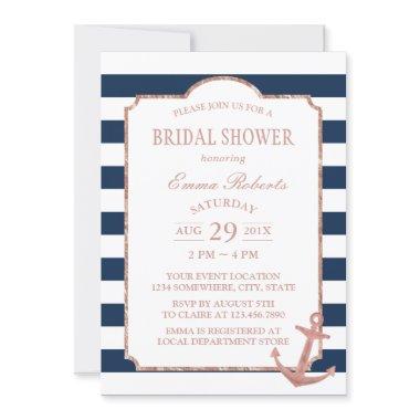 Rose Gold Anchor Nautical Stripes Bridal Shower Invitations