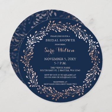 rose gold and navy Floral Bridal Shower Invitations
