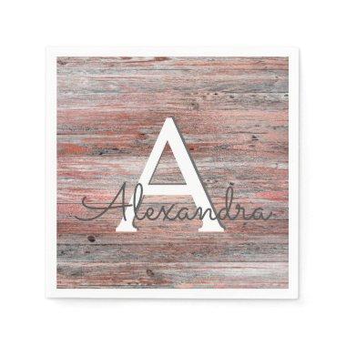 Rose Gold and Rustic Wood Monogram Birthday Napkins