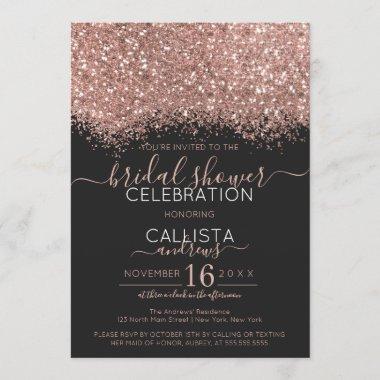 Rose Gold Black Glitter Confetti Bridal Shower Invitations