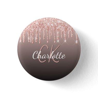 Rose gold black glitter drips custom monogram name button