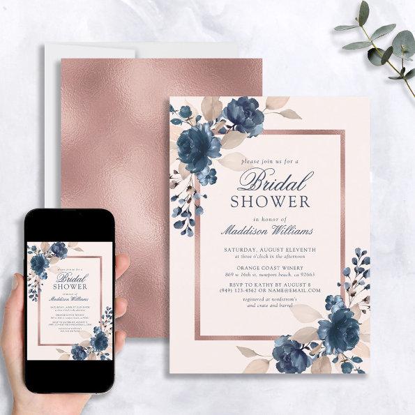 Rose Gold Blue Dusty Pink Floral Bridal Shower Invitations