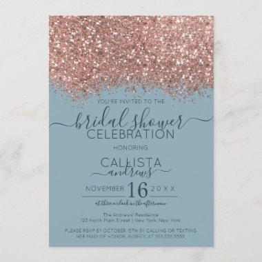 Rose Gold Blue Glitter Confetti Bridal Shower Invitations