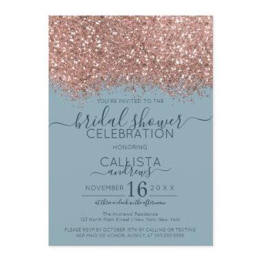 Rose Gold Blue Glitter Confetti Bridal Shower Invitations