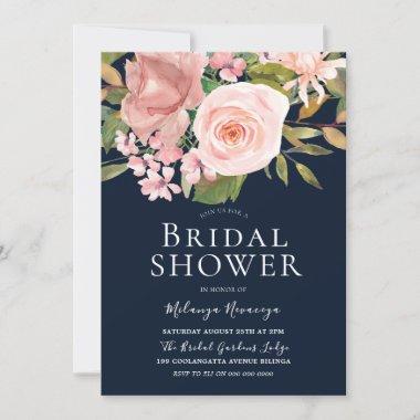Rose Gold Blush Flowers Navy Bridal Shower Invitations