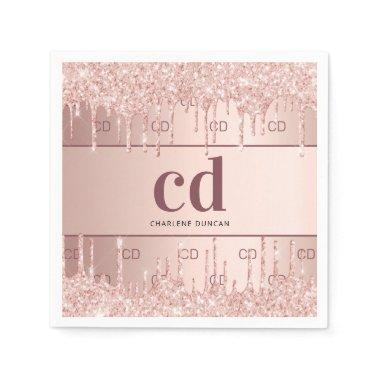 Rose gold blush glitter monogram initials name napkins