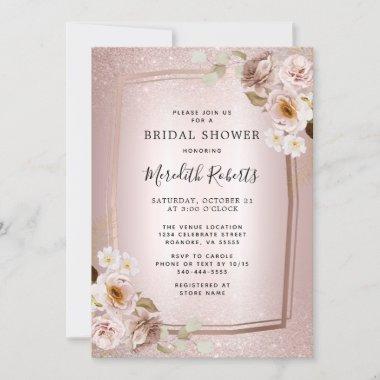 Rose Gold Blush Glitter Ombre Floral Bridal Shower Invitations
