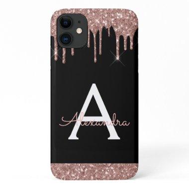 Rose Gold Blush Pink Black Glitter Monogram iPhone 11 Case