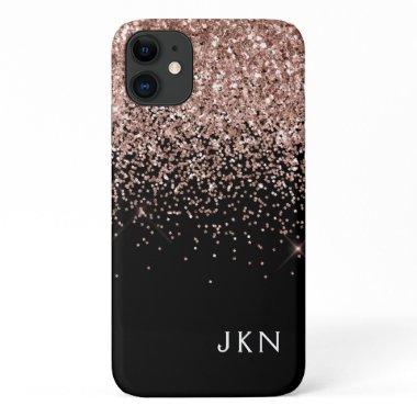 Rose Gold Blush Pink Black Glitter Monogram iPhone 11 Case