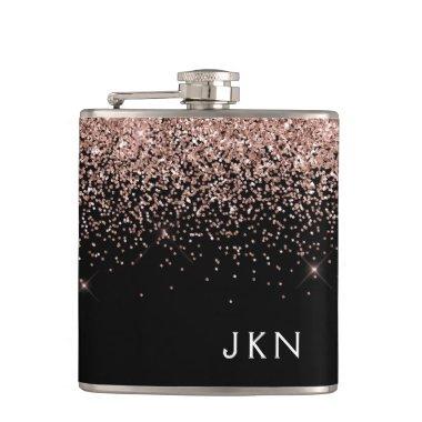 Rose Gold Blush Pink Black Glitter Monogram Flask