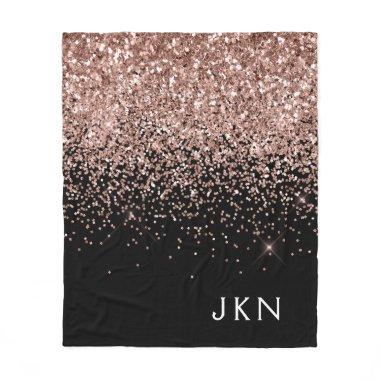 Rose Gold Blush Pink Black Glitter Monogram Fleece Blanket