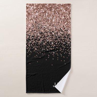 Rose Gold Blush Pink Black Glitter Monogram Girly Bath Towel