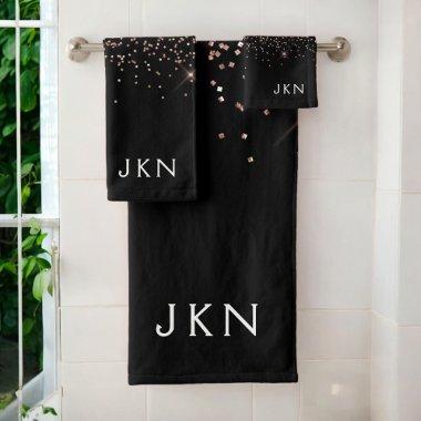 Rose Gold Blush Pink Black Glitter Monogram Girly Bath Towel Set