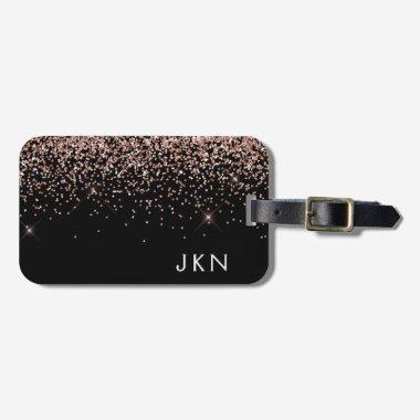 Rose Gold Blush Pink Black Glitter Monogram Luggage Tag
