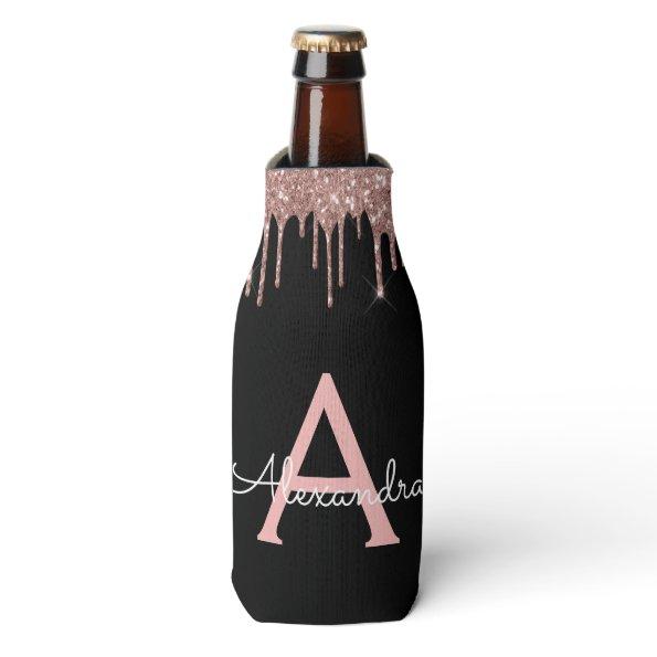 Rose Gold - Blush Pink Black Glitter Monogram Name Bottle Cooler