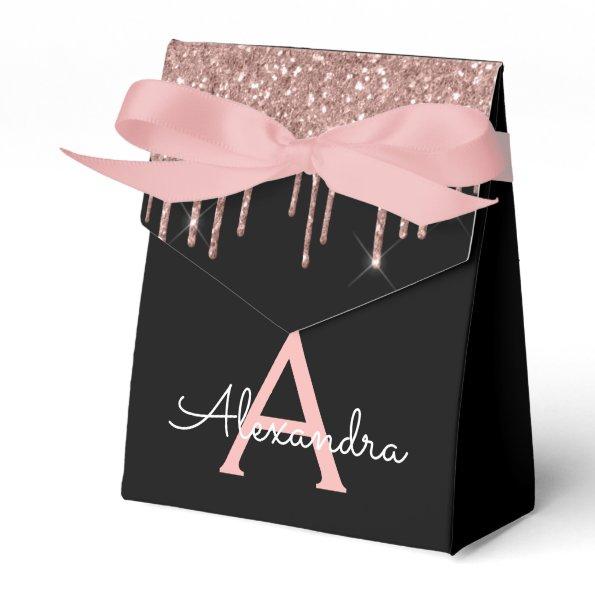 Rose Gold - Blush Pink Black Glitter Monogram Name Favor Box