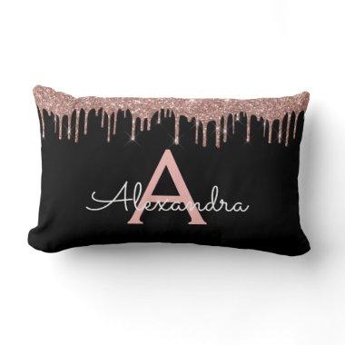 Rose Gold - Blush Pink Black Glitter Monogram Name Lumbar Pillow