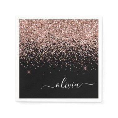 Rose Gold - Blush Pink Black Glitter Monogram Name Napkins