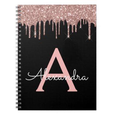 Rose Gold - Blush Pink Black Glitter Monogram Name Notebook