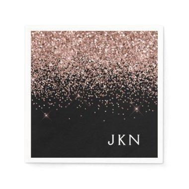 Rose Gold Blush Pink Black Glitter Monogram Napkins