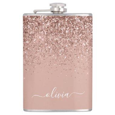 Rose Gold Blush Pink Glitter Custom Monogram Name Flask