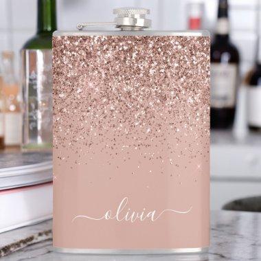 Rose Gold Blush Pink Glitter Custom Monogram Name Flask