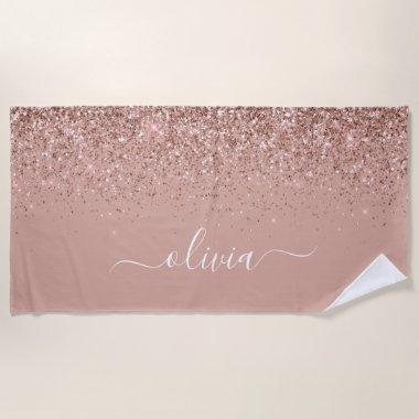 Rose Gold Blush Pink Glitter Girly Monogram Name Beach Towel