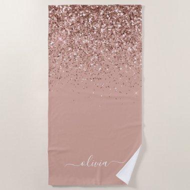 Rose Gold Blush Pink Glitter Girly Monogram Name Beach Towel