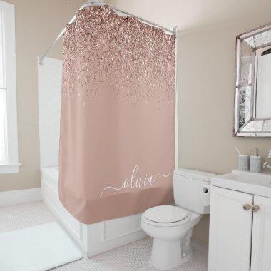 Rose Gold Blush Pink Glitter Girly Monogram Name Shower Curtain