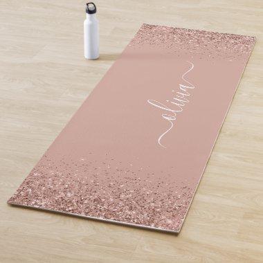 Rose Gold - Blush Pink Glitter Girly Monogram Name Yoga Mat