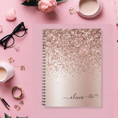 Rose Gold - Blush Pink Glitter Heart Monogram Name Notebook