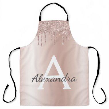 Rose Gold - Blush Pink Glitter Metal Monogram Name Apron
