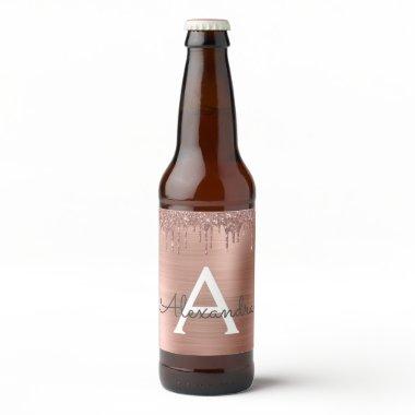 Rose Gold - Blush Pink Glitter Metal Monogram Name Beer Bottle Label