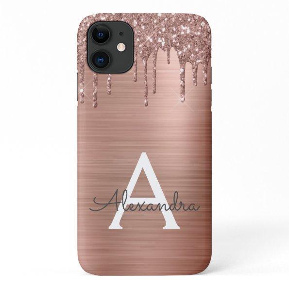 Rose Gold - Blush Pink Glitter Metal Monogram Name iPhone 11 Case