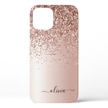 Rose Gold - Blush Pink Glitter Metal Monogram Name iPhone 12 Case