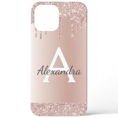 Rose Gold - Blush Pink Glitter Metal Monogram Name iPhone 12 Pro Max Case