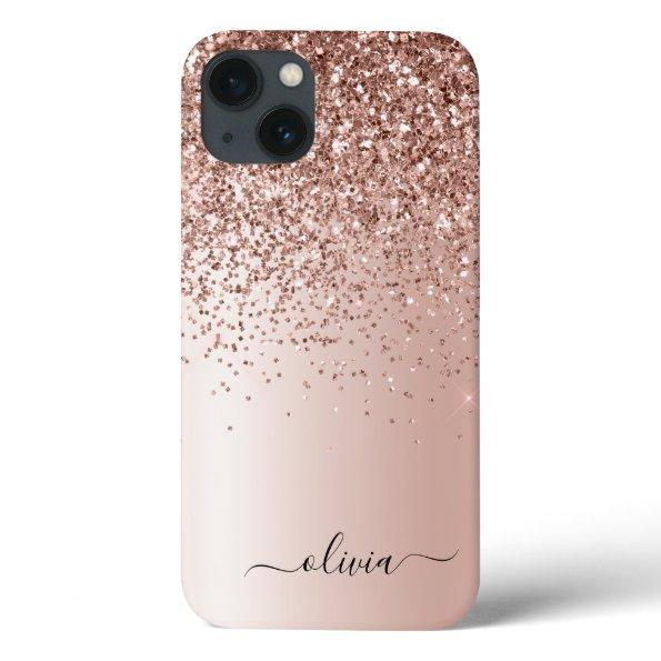 Rose Gold - Blush Pink Glitter Metal Monogram Name iPhone 13 Case