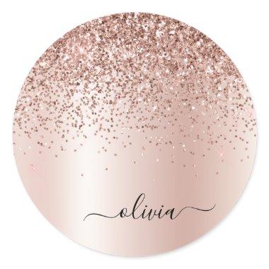 Rose Gold - Blush Pink Glitter Metal Monogram Name Classic Round Sticker