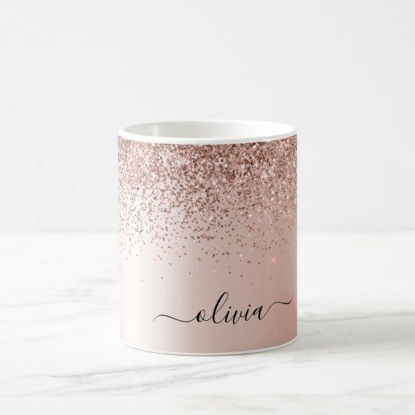 Rose Gold - Blush Pink Glitter Metal Monogram Name Coffee Mug