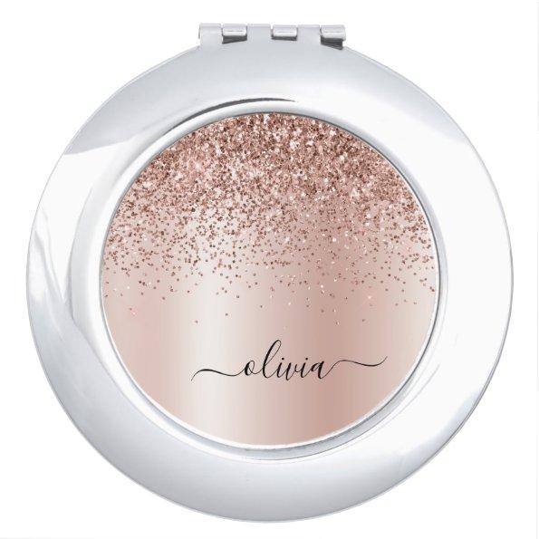Rose Gold - Blush Pink Glitter Metal Monogram Name Compact Mirror