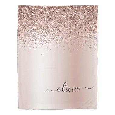 Rose Gold - Blush Pink Glitter Metal Monogram Name Duvet Cover