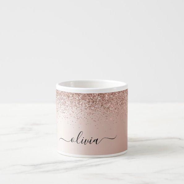 Rose Gold - Blush Pink Glitter Metal Monogram Name Espresso Cup