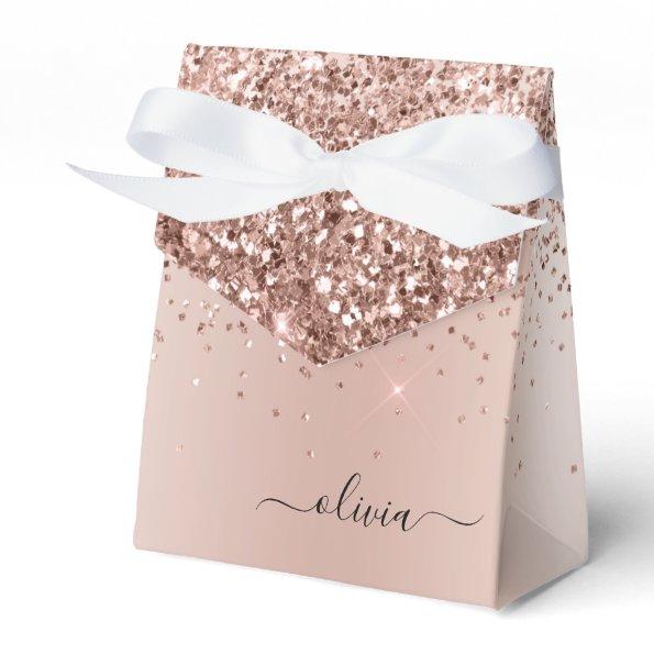 Rose Gold - Blush Pink Glitter Metal Monogram Name Favor Boxes