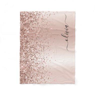Rose Gold - Blush Pink Glitter Metal Monogram Name Fleece Blanket