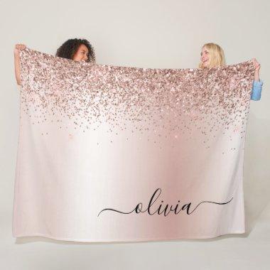 Rose Gold - Blush Pink Glitter Metal Monogram Name Fleece Blanket