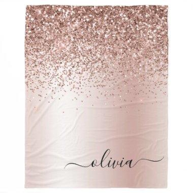 Rose Gold - Blush Pink Glitter Metal Monogram Name Fleece Blanket