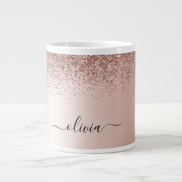 Rose Gold - Blush Pink Glitter Metal Monogram Name Giant Coffee Mug